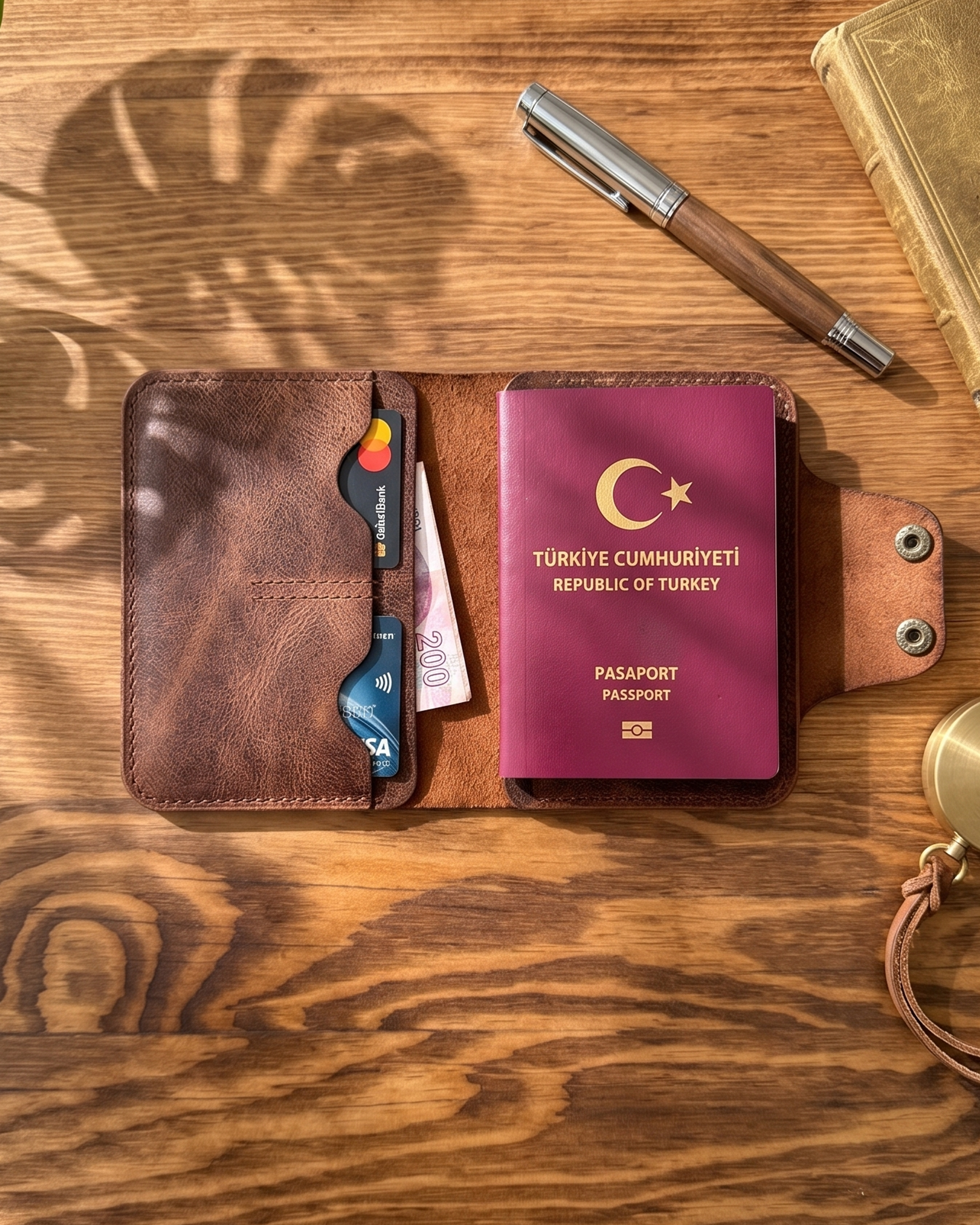 Dawn Pro - Kapaklı (Çıt Çıt) Bifold Pasaport Kılıfı & Seyahat Cüzdanı | Hakiki Deri & İsme Özel