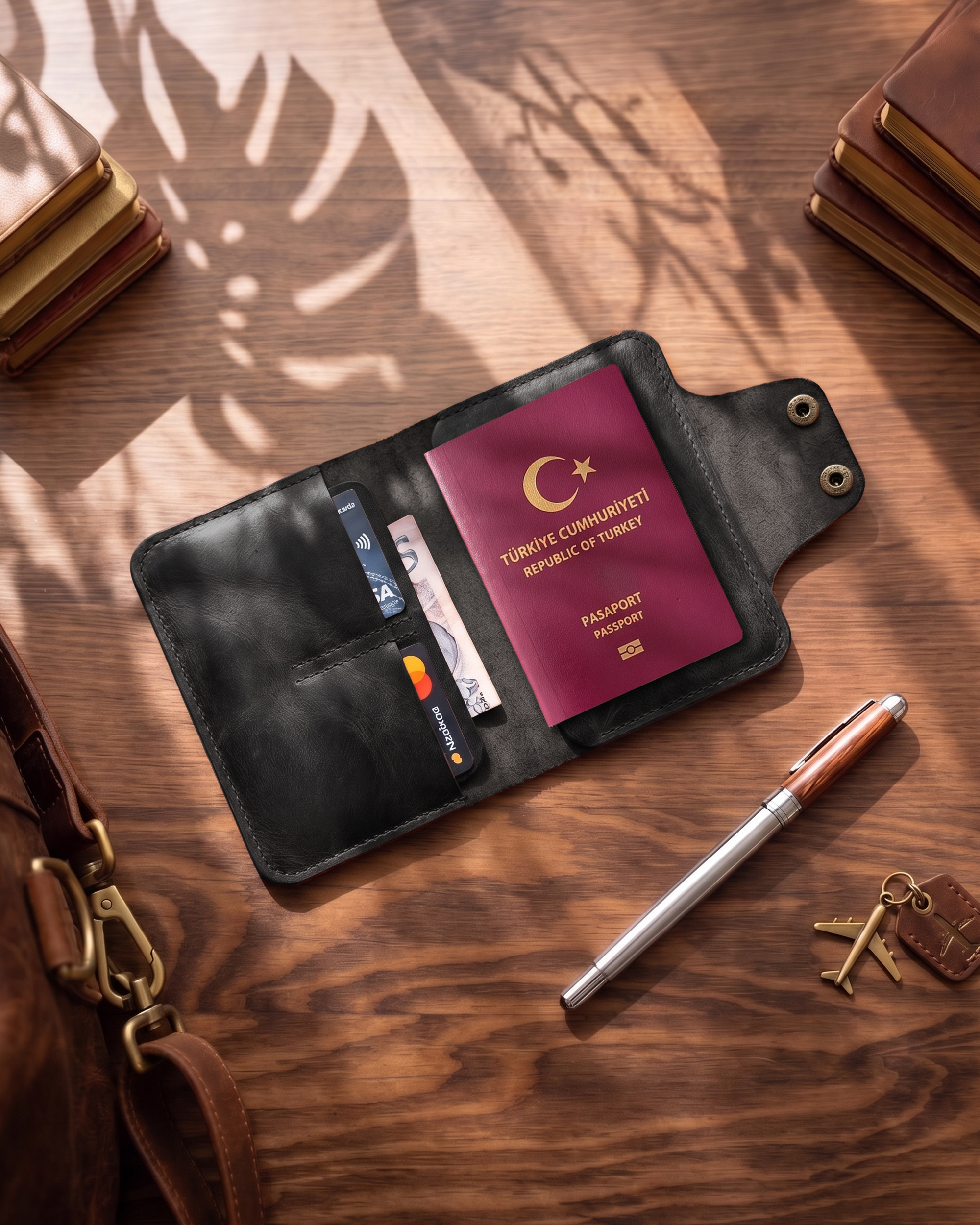 Glow Pro - Kapaklı (Çıt Çıt) Bifold Pasaport Kılıfı & Seyahat Cüzdanı | Hakiki Deri & İsme Özel