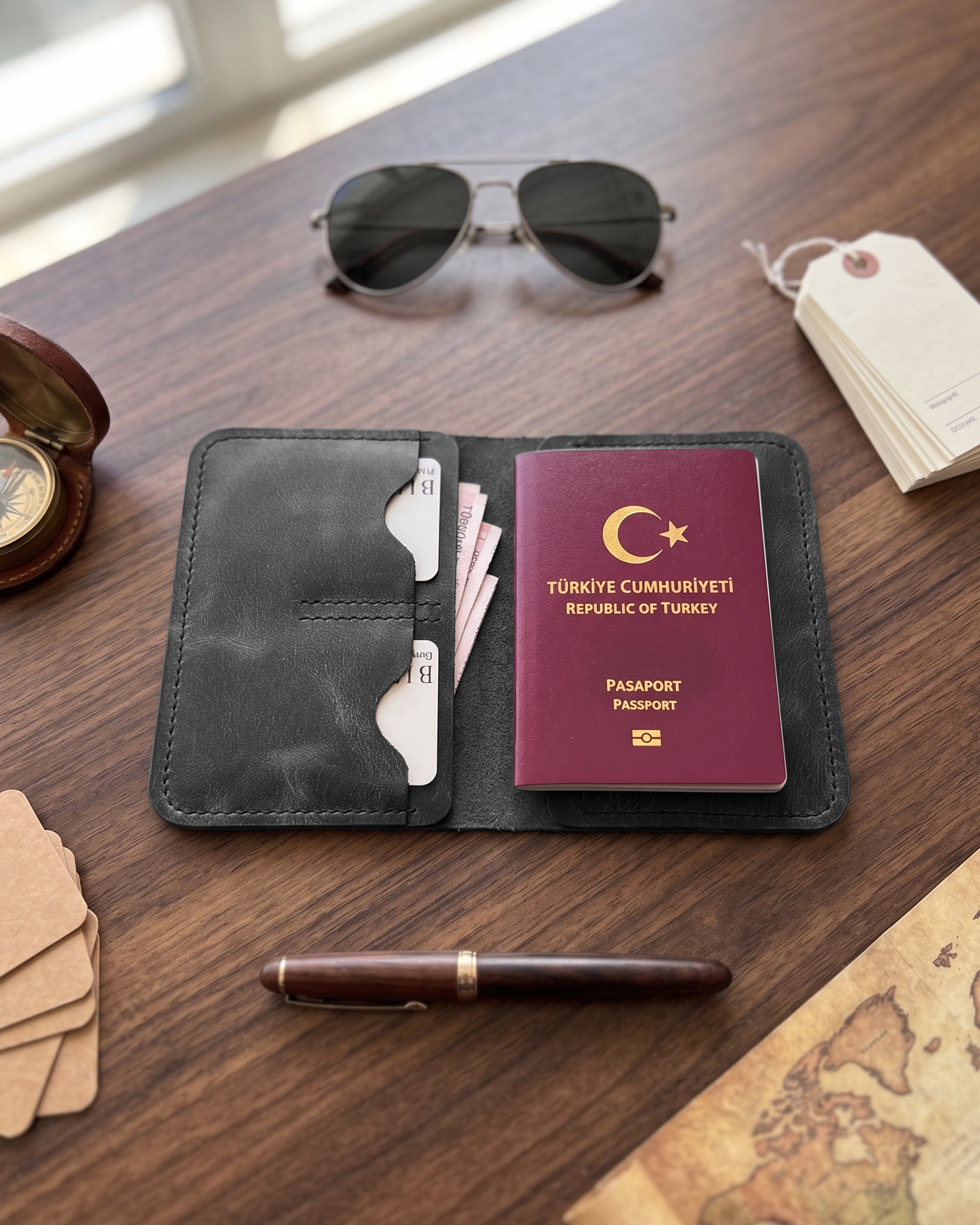Dawn - Bifold Pasaport Kılıfı & Seyahat Cüzdanı | Hakiki Deri & İsme Özel