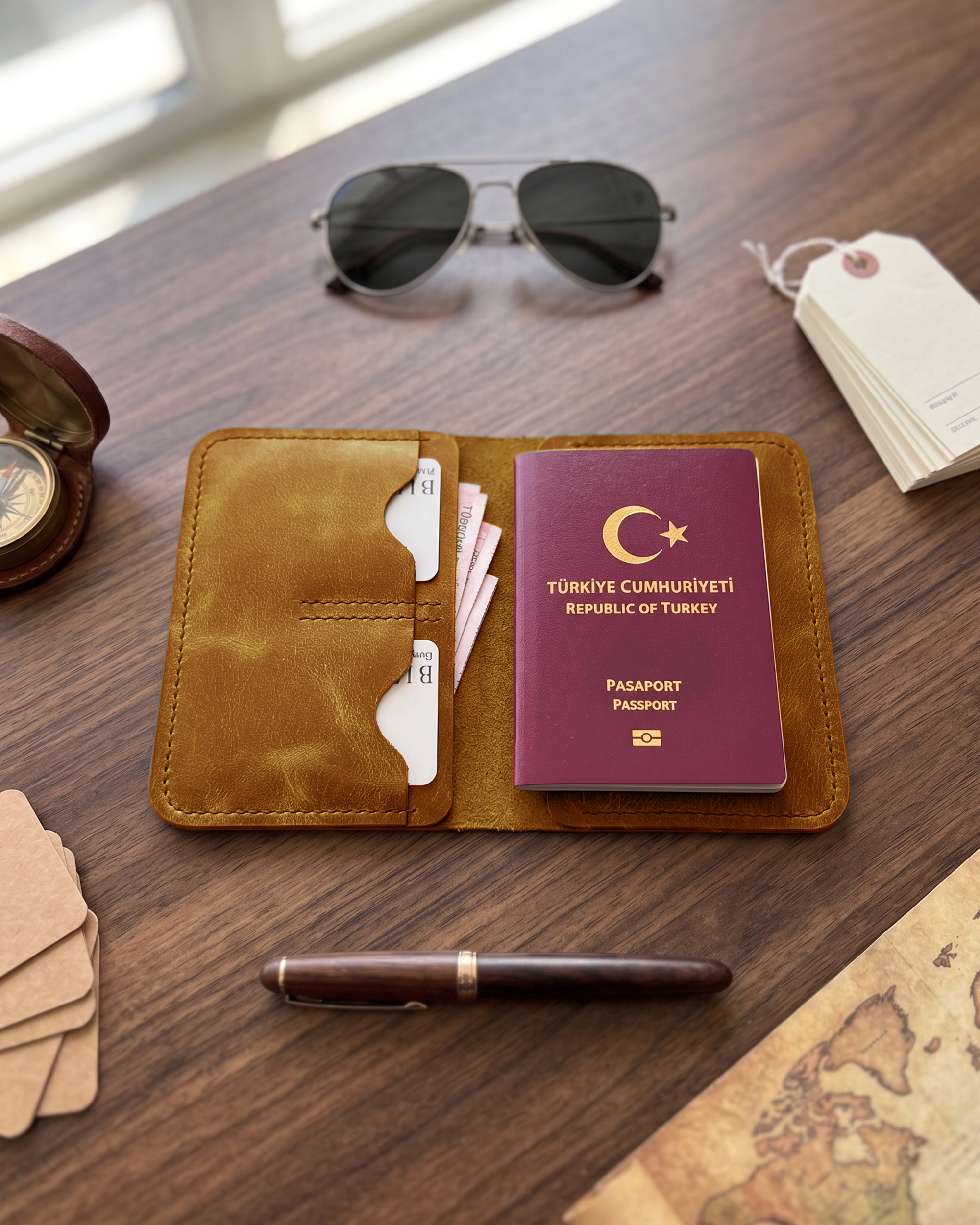 Dawn - Bifold Pasaport Kılıfı & Seyahat Cüzdanı | Hakiki Deri & İsme Özel