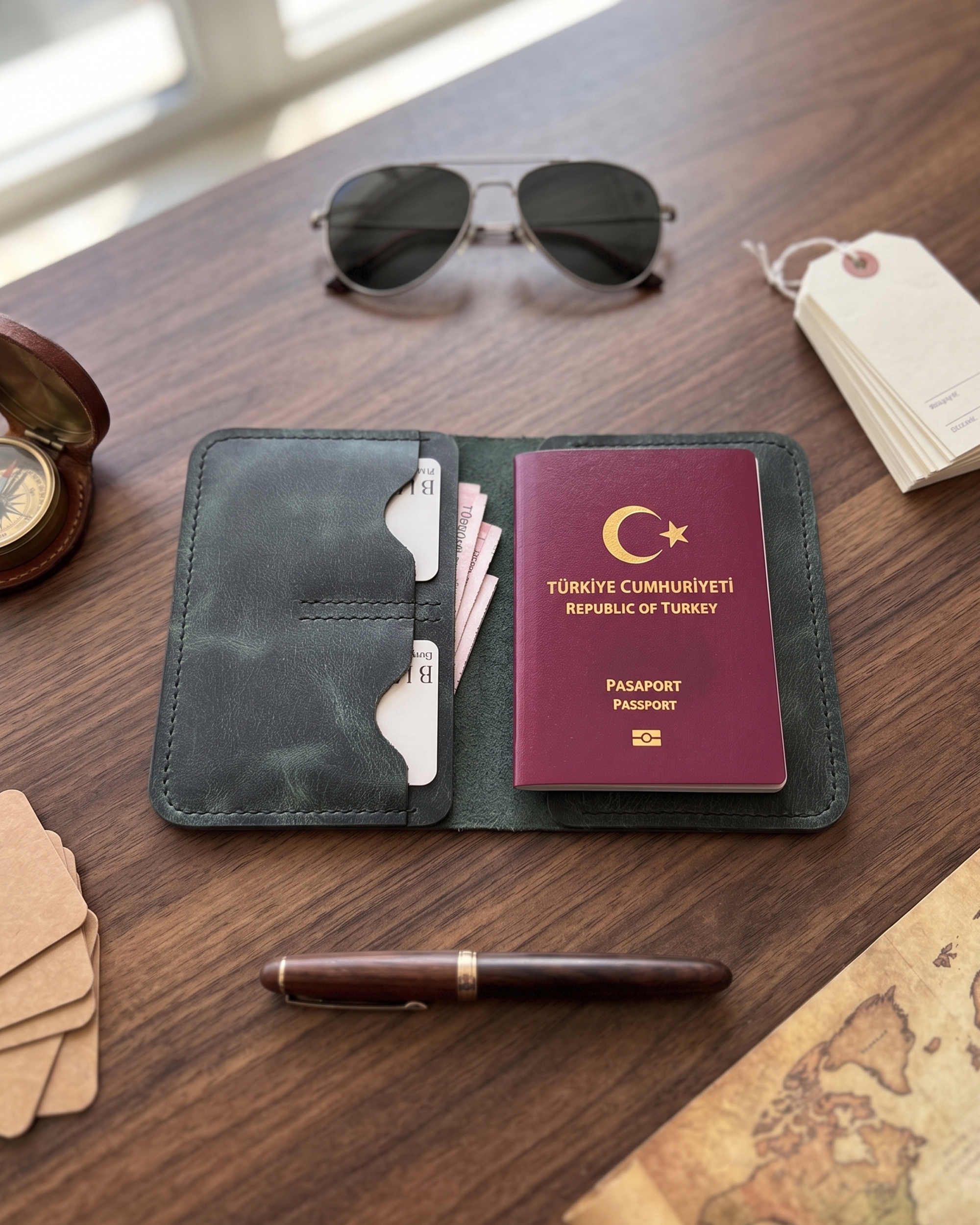 Dawn - Bifold Pasaport Kılıfı & Seyahat Cüzdanı | Hakiki Deri & İsme Özel