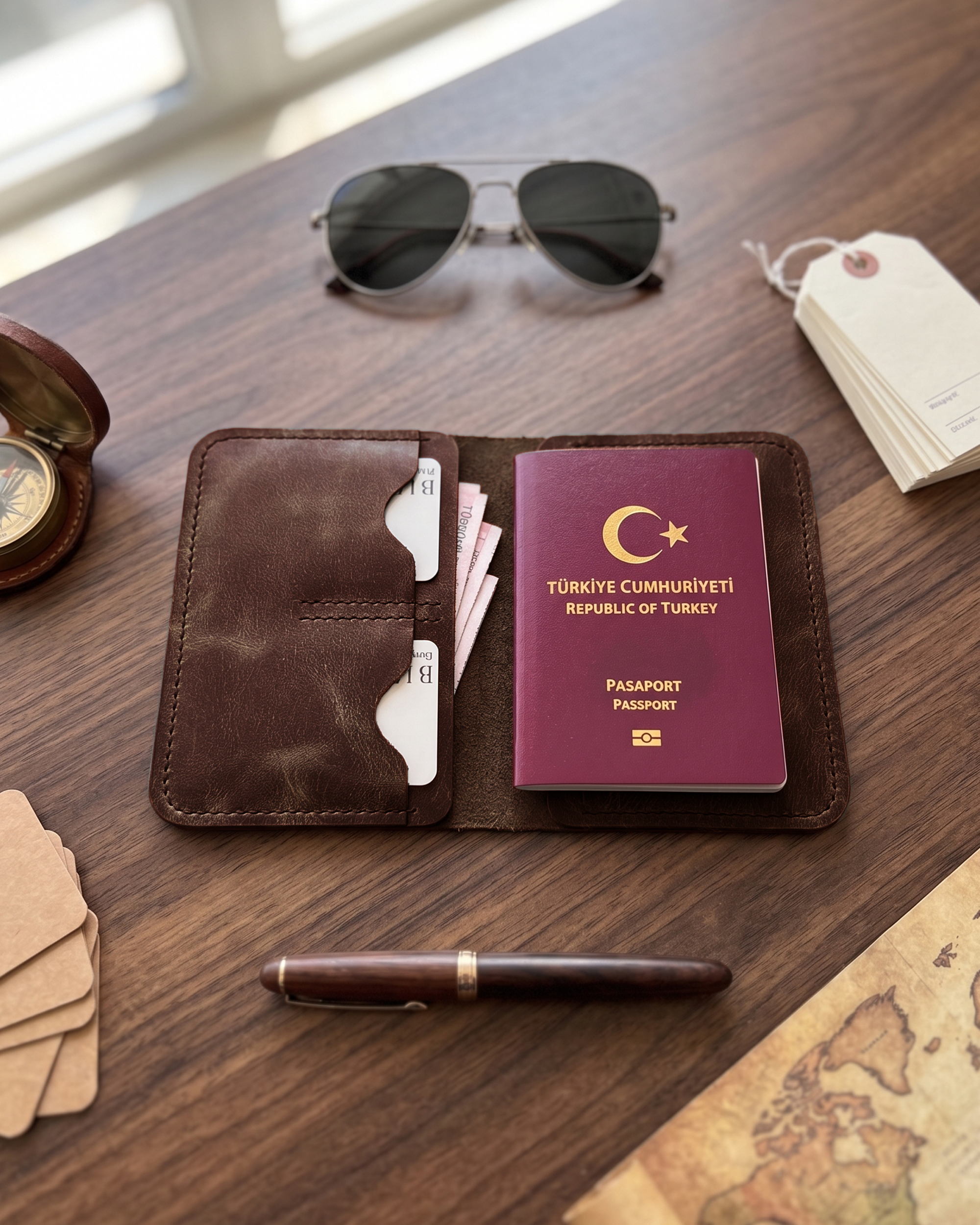 Dawn - Bifold Pasaport Kılıfı & Seyahat Cüzdanı | Hakiki Deri & İsme Özel